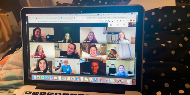 Wiesbaden girls’ soccer coach Nicole Angel chats with her team online May 1, 2020. The weekly sessions maintained team camaraderie and provided social opportunities to players who miss playing on the field. Photo courtesy of Becca Adams