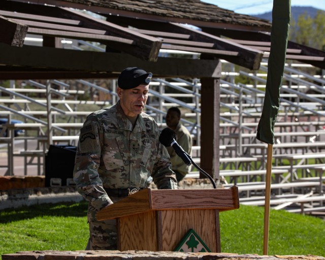 Maj. Gen. Matthew McFarlane, commanding general of the 4th Inf. Div. and Fort Carson, officiated the promotion of Brig. Gen. Guillaume Beaurpere May 8, 2020, at Manhart Field at Fort Carson, Colorado. Beaurpere served as the deputy commander of support for the 4th Infantry Division. (U.S. Army Photo by Staff Sgt. Inez Hammon)