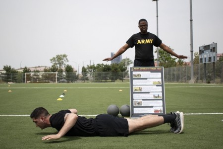 Sgt. 1st Class Phelps (top) gives instructions on the Army Combat Fitness Test (ACFT) on U.S. Army Garrison Humphreys, South Korea, on May 14, 2020. Sgt. Maj. of the Army Michael A. Grinston said he expects the ACFT to continue implementing the ACFT across the service despite the COVID-19 conditions. Grinston added physical distancing measures will be used for the test. (Pfc. Astrid Ojeda)