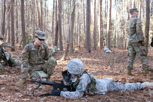 Then-Cadet Lauren Shappell talks with another cadet during a field training exercise. During the coronavirus stay-at-home orders at the University of North Carolina, Shappell served as an ROTC battalion commander, successfully managing her ROTC unit in pandemic conditions. Shappell, now a second lieutenant, was honored in a White House ceremony May 22, 2020, by President Donald Trump. 