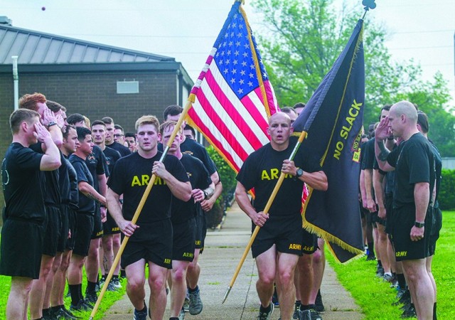 Soldiers of 2nd Battalion, 327th Infantry Regiment, 1st Brigade Combat Team, 101st Airborne Division (Air Assault), return to their headquarters May 22 after the final leg of their 24-hour run to honor their fallen Soldiers. The No Slack Soldiers ran for 24 hours to honor their fallen. 