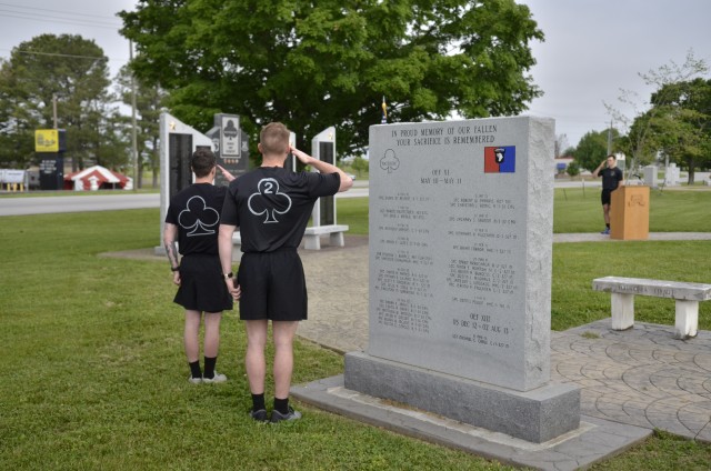 Soldiers assigned to 2nd Battalion, 327th Infantry Regiment, 1st Brigade Combat Team, 101st Airborne Division (Air Assault), gathered, May 21, for an opening ceremony of a 24-hour Run for the Fallen at the Bastogne Memorial on Fort Campbell’s Memorial Row to reflect on the battalion history. 