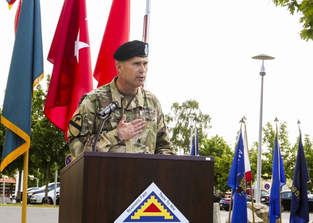 Brig. Gen. Christopher Norrie, commanding general, 7th Army Training Command, thanks senior leaders for their hard work during the Service with Honor ceremony in Grafenwoehr, Germany, May 21, 2020. The Service with Honor ceremony, hosted by Norrie, was held to recognize senior leaders for their hard work and dedication while assigned to 7th ATC. (U.S. Army photo by Spc. Zack Stahlberg)