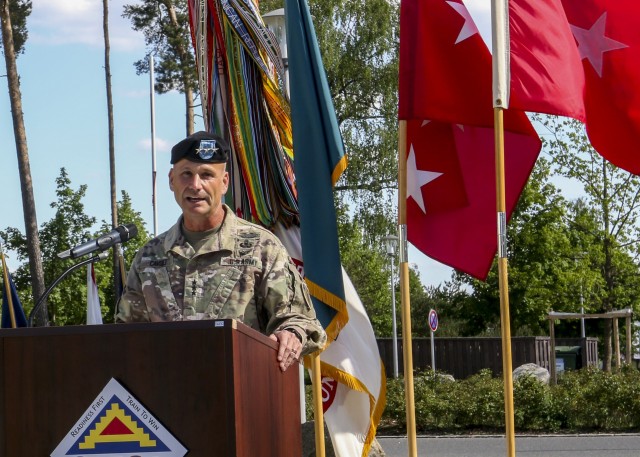 Lt. Gen. Christopher Cavoli, commanding general, U.S. Army Europe, gives a speech during the Service with Honor ceremony in Grafenwoehr, Germany, May 21, 2020. The Service with Honor ceremony, hosted by Brig. Gen. Christopher Norrie commanding general, 7th Army Training Command, was held to recognize senior leaders for their hard work and dedication while assigned to 7th ATC. (U.S. Army photo by Spc. Zack Stahlberg)
