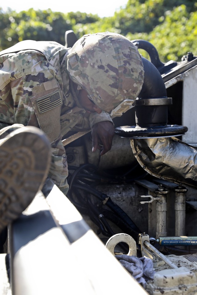 U.S. Army Soldier from 6-9 Cavalry Regiment, 3rd Armored Brigade Combat Team, 1st Cavalry Division, is making repairs to a M88 Recovery Vehicle at Rodriguez Live Fire Range, Republic of Korea, Oct. 8, 2019. 3rd ABCT, 1st Cav. Div. from Fort Hood, Texas is currently on rotation to the R.O.K. (U.S. Army Photo by Staff Sgt. Jacob Kohrs, 20th PAD)