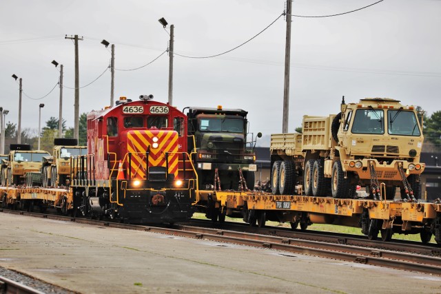 Members of the rail operations team with the Fort McCoy Logistics Readiness Center (LRC) operate the installation locomotive to move railcars May 14, 2020, at Fort McCoy, Wis. The team was moving railcars that were loaded with equipment and...