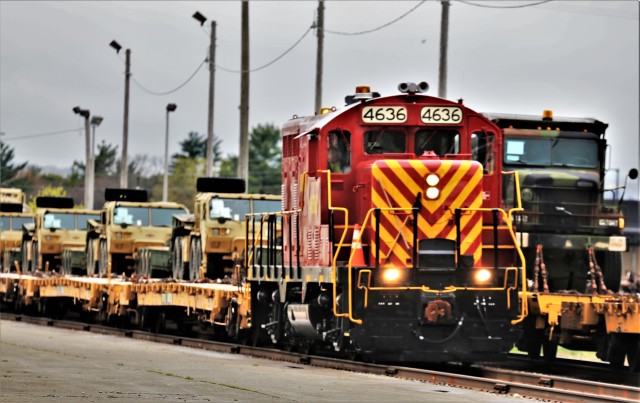 Members of the rail operations team with the Fort McCoy Logistics Readiness Center (LRC) operate the installation locomotive to move railcars May 14, 2020, at Fort McCoy, Wis. The team was moving railcars that were loaded with equipment and...