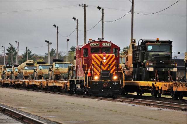 Members of the rail operations team with the Fort McCoy Logistics Readiness Center (LRC) operate the installation locomotive to move railcars May 14, 2020, at Fort McCoy, Wis. The team was moving railcars that were loaded with equipment and...