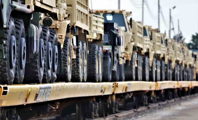 Equipment and vehicles belonging to the Army Reserve’s 996th Engineer Company and 327th Engineer Company are shown loaded for rail shipment May 14, 2020, at Fort McCoy, Wis., in preparation for an upcoming deployment. Soldiers from the units...