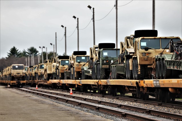 Equipment and vehicles belonging to the Army Reserve’s 996th Engineer Company and 327th Engineer Company are shown loaded for rail shipment May 14, 2020, at Fort McCoy, Wis., in preparation for an upcoming deployment. Soldiers from the units...
