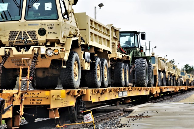 Equipment and vehicles belonging to the Army Reserve’s 996th Engineer Company and 327th Engineer Company are shown loaded for rail shipment May 14, 2020, at Fort McCoy, Wis., in preparation for an upcoming deployment. Soldiers from the units...