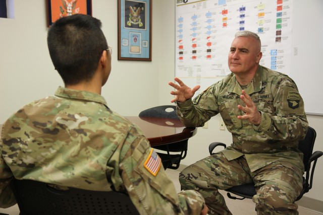 Chaplain Lt. Col. Sean Wead, acting division chaplain, 101st Airborne Division (Air Assault) counsels a Soldier Dec. 12, at the Installation Chaplain’s Office on Fort Campbell, Kentucky. The chaplaincy offers many types of religious and non-religious support to soldiers and their families to help enrich their quality of life. The non-religious support chaplain’s offer includes: the Strong Bonds relationship building series, pre-marriage and marriage counseling, ethics training, financial management and suicide prevention. (U. S. Army photo by Pfc. Lynnwood Thomas, 40th Public Affairs Detachment)