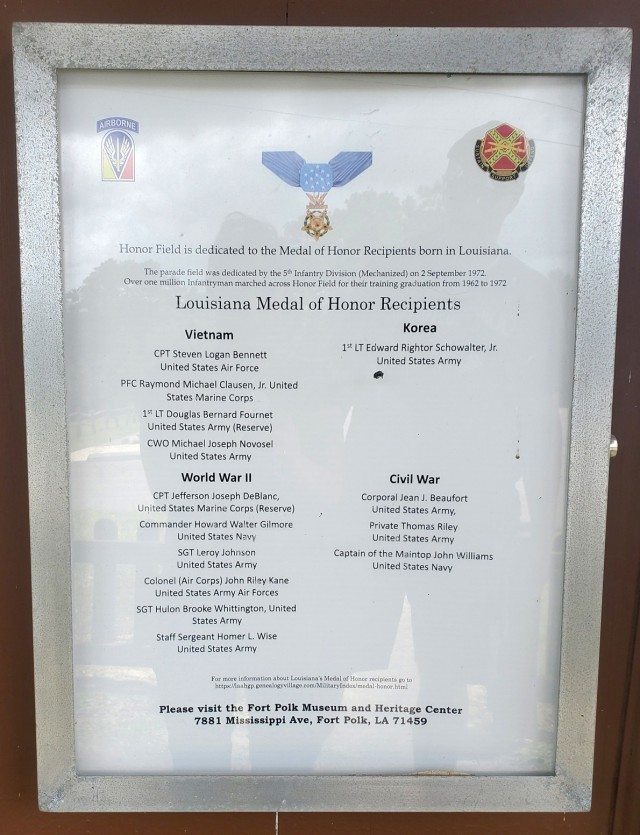 An Honor Field dedication to Louisiana Medal of Honor Recipients. The parade field was dedicated on Sept. 2, 1972 by the 5th Infantry Division.