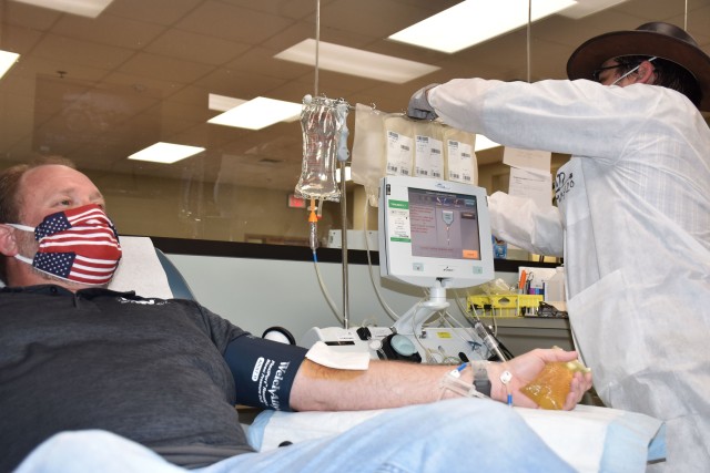 Donald Perry, a Fort Bragg civilian employee, recently recovered from COVID-19 and donated his plasma at the Fort Bragg Blood Donor Center at Fort Bragg, N.C., May 7, 2020.
