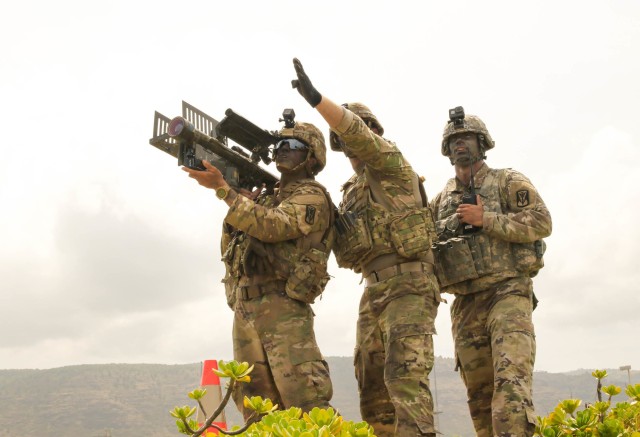 A stinger missile team with the 35th Air Defense Artillery Brigade scans their sector before engaging an unmanned aerial vehicle target during RIMPAC 2018 at Pacific Missile Range Facility Barking Sands, Hawaii, July 24. The training exercise was in support of the Multi-Domain Task Force pilot and demonstrated the ability to detect, track, and defeat air and ballistic missile threats in a joint and allied multi-domain environment.