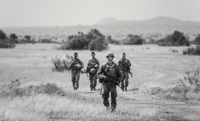 Soldiers with U.S. Army&#39;s 1-32 Infantry Regiment, 1st Brigade Combat Team, 10th Mountain Division finish a live fire exercise during a field training exercise as part of United Accord 2018 at the Bundase Training Camp, Ghana July 16, 2018....