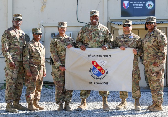 Members of the 919th Contracting Battalion were recognized May 22 for their efforts during their deployment to Afghanistan that was extended to 10 months following travel restrictions due to COVID-19. Pictured, from left, are Capt. Lawrence Forde, Maj. Paula Harrell, Master Sgt. Rachel Harris, Lt. Col. Eric Brooks, Sgt. 1st Class Fernando Ramirez and Staff Sgt. Cheryl Hood.