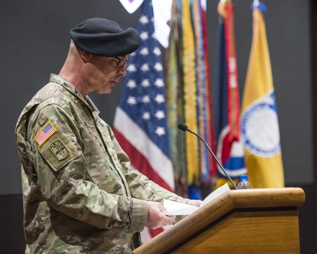 U.S. Army Chaplain (Colonel) Robert Nay, U.S. Army Security Assistance Command's command chaplain, provides an invocation during a relinquishment of command ceremony, 2 June 2020, at Redstone Arsenal. Maj. Gen. Jeffrey Drushal, U.S. Army Security Assistance Command's commanding general, relinquishes command to Dr. Myra  Gray, USASAC's Senior Executive Service officer and  deputy to the commanding general, who will assume Executive Director duties.  Lt. Gen. Edward Daly, deputy commanding general of Army Materiel Command, hosted the virtual event to a socially distanced audience with widespread online presence live-streamed through social media. (Photo by Richard Bumgardner, USASAC Public Affairs)