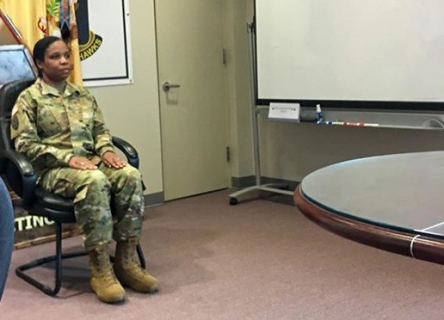 Staff Sgt. Kathlyn Stewart answers questions at Fort Bragg, North Carolina, from a board of senior enlisted leaders as part of the virtual 2020 Army Contracting Command Best Warrior Competition May 13. She was named the competition second...