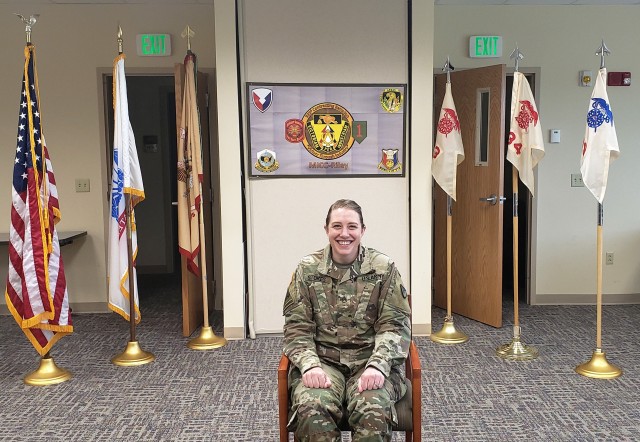 Staff Sgt. Debra Stokes conducts a videoconference check May 13 from Fort Riley, Kansas, in preparation to field questions from a board of senior enlisted leaders as part of the virtual 2020 Army Contracting Command Best Warrior Competition....