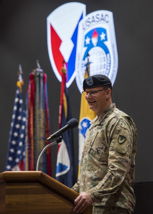 Maj. Gen. Jeffrey Drushal, U.S. Army Security Assistance Command's commanding general, addresses the audience during a relinquishment of command ceremony, 2 June 2020, at Redstone Arsenal, AL. Dr. Myra  Gray, USASAC's Senior Executive Service officer and deputy to the commanding general, will assume Executive Director duties.  Lt. Gen. Edward Daly, deputy commanding general of Army Materiel Command, hosted the virtual event to a socially distanced audience with widespread online presence live-streamed through social media. (Photo by Richard Bumgardner, USASAC Public Affairs)