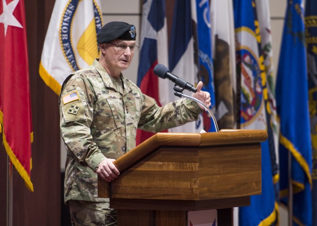 Lt. Gen. Edward Daly, deputy commanding general of Army Materiel Command, hosts a relinquishment ceremony for Maj. Gen. Jeffrey Drushal, U.S. Army Security Assistance Command's commanding general, 2 June 2020, at Redstone Arsenal, AL. Dr. Myra  Gray, USASAC's Senior Executive Service officer and  deputy to the commanding general, will assume Executive Director duties.  The event was hosted to a socially distanced audience with widespread online presence live-streamed through social media.