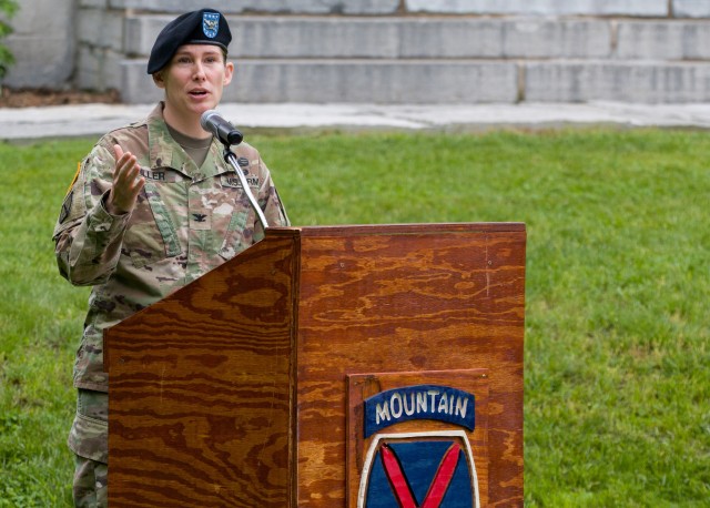 Col. Erin Miller addresses the audience for the first time as the newest commander of the 10th Mountain Division (LI) Sustainment Brigade commander at a change of command ceremony held at the historic LeRay Mansion June 3, 2020, on Fort Drum, NY.