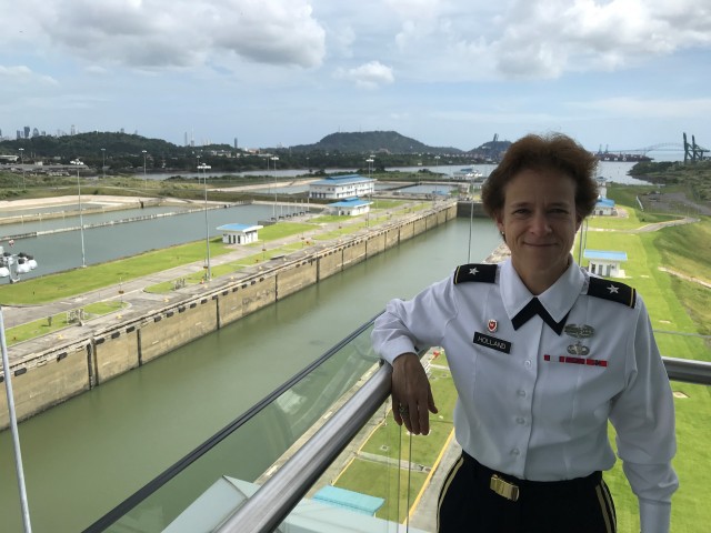 Then Brig. Gen. Diana Holland, USACE South Atlantic Division commander, overlooks the newest expansion of the Panama Canal during senior leader engagements in Panama. (Photo by Capt. Josh Gonzalez)