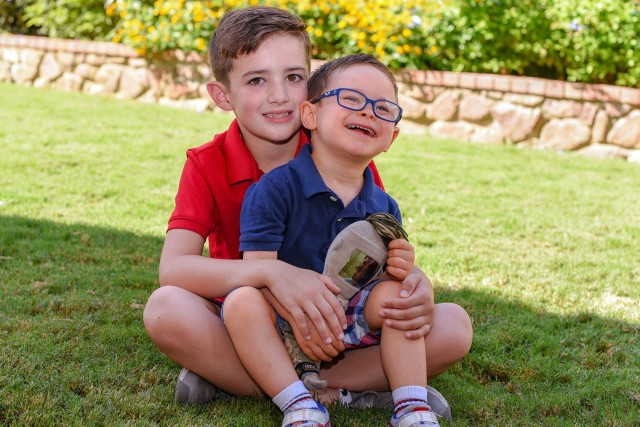 Conner Cronin, 8, left, is his brother Finn’s biggest fan and advocate. Finn Cronin, 3, was born with Mosaic Down syndrome, the rarest form of the condition. Only 2 percent of people with Down syndrome have Mosaic, which means some of their cells have three copies of chromosome 21, but others have the typical two copies. Finn turned three this week and he enjoys baseball, swimming and playing at the park. His mom, Maj. Shanna Cronin, is a Fort Bliss Soldier assigned to the installation Office of the Staff Judge Advocate. 