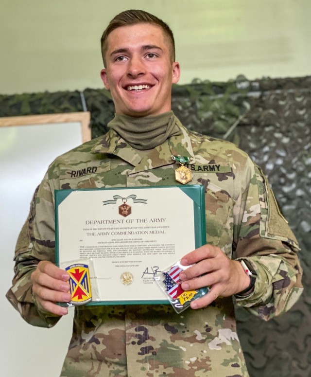 Spc. Justin Rivard, a team chief assigned to Bravo Battery, 5th Battalion, 4th Air Defense Artillery Regiment at Ansbach, Germany was awarded the Army Commendation Medal on Rhine Ordnance Barracks June 5. Rivard, a native of Somerset, Wis., won...