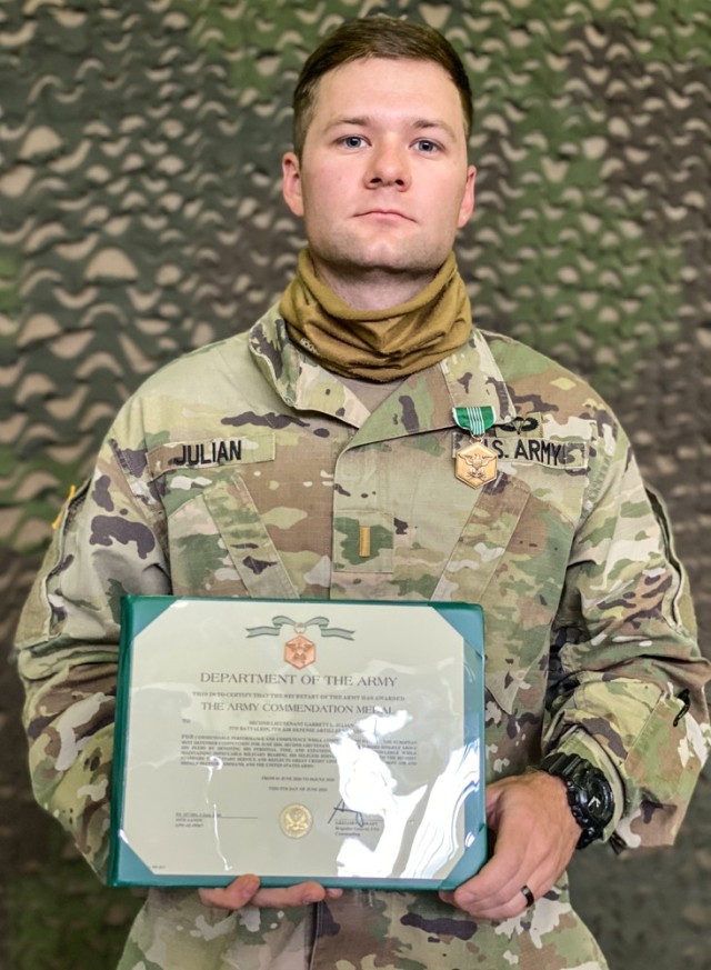 2nd Lt. Garrett Julian, support platoon leader assigned to Charlie Battery, 5th Battalion, 7th Air Defense Artillery Regiment was awarded the Army Commendation Medal on Rhine Ordnance Barracks June 5. Julian, a native of Odessa, Texas, won the...