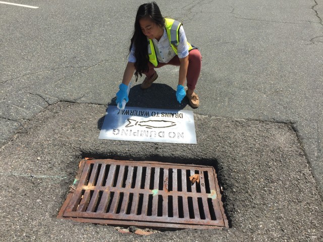 Dina Huynh, mid-level staff scientist, labels a storm drain with a stencil and spray paint that reads, “No Dumping Drains to Waterway”.  Over 100 storm drains in areas identified as high risk for illicit discharges and dumping were labeled...