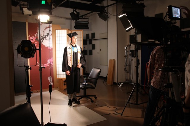 Milton Jones, class valedictorian for Zama Middle High School’s class of 2020, gets ready to film his speech May 15 in the Visual Information Division studio on Camp Zama. Jones’ pre-taped remarks were a necessity due to the ongoing COVID-19...