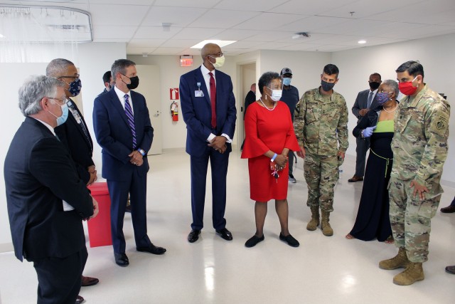 Lt. Col. Sonny B. Avichal, Nashville District  commander, explains details of work to a group during a tour of the alternate care site.  The U.S. Army Corps of Engineers Nashville District is turned over an alternate care site this morning to the...