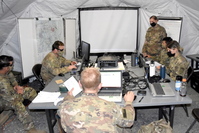 Soldiers with the 2nd Battalion, 4th Security Force Assitance Brigade, work in their Tactical Operations Center June 3 before deploying to the Joint Readiness Training Center and Fort Polk's training area for Rotation 20-08.