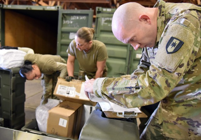 Soldiers from the 28th Combat Support Hospital take part in a joint inventory at Sierra Army Depot in Herlong, California, before medical equipment and supplies are shipped to their home station at Fort Bragg, North Carolina.