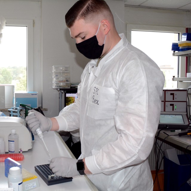 Spc. Brayden Bex, a medical laboratory specialist, is currently processing and extracting COVID-19 samples for virology within the Infectious Disease Laboratory at Landstuhl Regional Medical Center.  As coronavirus spread throughout Europe, Bex...