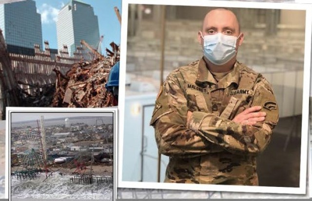 Army National Guard Sgt. 1st Class Joseph Maloney has helped New Yorkers recover from every disaster since the 9/11 cleanup at site of the World Trade Center buildings (top left) through the Hurricane Sandy cleanup in 2012 (bottom left) and most...