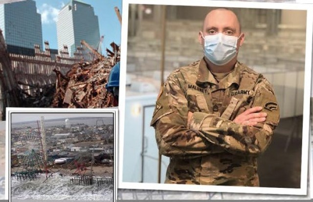 Army National Guard Sgt. 1st Class Joseph Maloney has helped New Yorkers recover from every disaster since the 9/11 cleanup at site of the World Trade Center buildings (top left) through the Hurricane Sandy cleanup in 2012 (bottom left) and most recently COVID-19, finishing a month  at the Javits Center, May 3, 2020.

1
