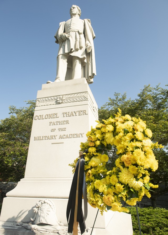 A wreath was placed at the base of Col. Sylvanus Thayer's statue by First Captain Daine Van de Wall with Superintendent Lt. Gen. Darryl A. Williams, West Point Command Sgt. Maj. Jack Love, West Point Association of Graduates President and CEO Todd Browne in attendance during the Alumni Wreath Laying ceremony Tuesday on the Plain.