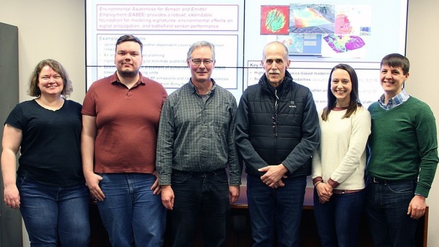 Led by Research Physical Scientist Dr. David “Keith” Wilson, third from left, his research team with CRREL’s Signature Physics Branch received a patent for their “System for Modeling Intelligent Sensor Selection and Placement” awarded...