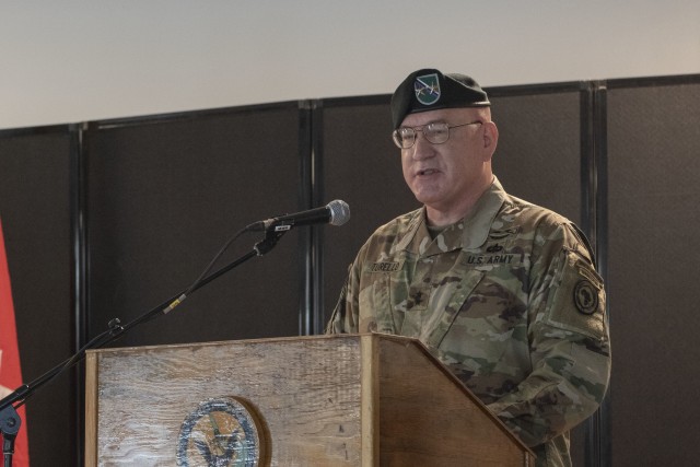 U.S. Army Maj. Gen. Michael D. Turello, outgoing commanding general of Combined Joint Task Force-Horn of Africa (CJTF-HOA), addresses the audience during a socially distanced change of command ceremony, June 8, 2020, at Camp Lemonnier, Djibouti. Turello will next serve as a special assistant to the Director of the National Guard Bureau. (U.S. Air Force photo by Tech. Sgt. Ashley Nicole Taylor)