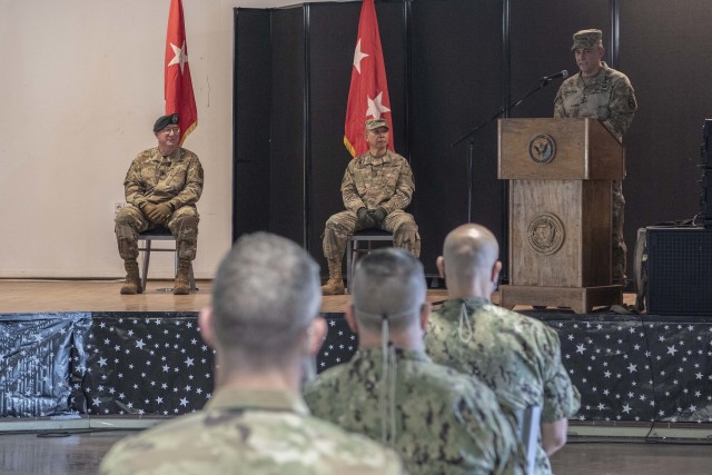 U.S. Army Gen. Stephen J. Townsend, commander of U.S. Africa Command, served as presiding officer during a socially distanced change of command ceremony for the Combined Joint Task Force-Horn of Africa (CJTF-HOA), June 8, 2020, at Camp Lemonnier, Djibouti. Townsend presided over the ceremony as U.S. Army Maj. Gen. Michael D. Turello, outgoing commanding general (CG) of CJTF-HOA, relinquished command to U.S. Army Maj. Gen. Lapthe C. Flora, incoming CG of CJTF-HOA. (U.S. Air Force photo by Tech. Sgt. Ashley Nicole Taylor)