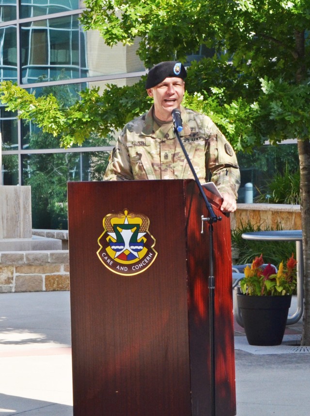 Command Sgt. Maj. Kyle Brunell gives his farewell speech during his relinquishment of responsibility as CRDAMC’s senior enlisted advisor during a virtual ceremony June 9 at the MEDCEN here. (U.S. Army photo by Patricia Deal, CRDAMC Public Affairs)