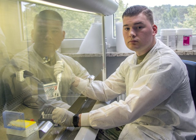Spc. Brayden Bex, a medical laboratory specialist, is currently processing and extracting COVID-19 samples for virology within the Infectious Disease Laboratory at Landstuhl Regional Medical Center.  As coronavirus spread throughout Europe, Bex...