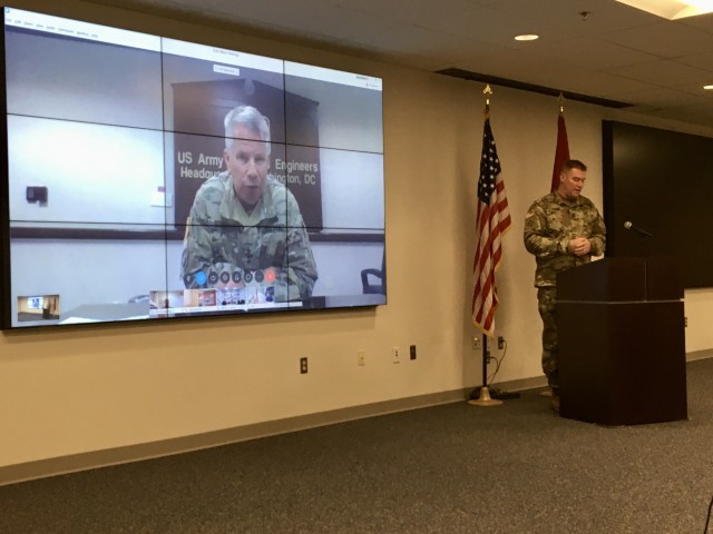Lt. Gen. Todd Semonite, the 54th Chief of Engineers, holds a virtual town hall for U.S. Army Corps of Engineer employees to encourage them to deploy in support of USACE operations around the U.S. and the world. Col. (P) Chris Beck, Transatlantic Division Commander, is at the right.