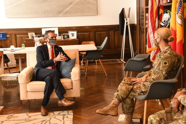 Maj. Gen. Laura Yeager, Commander of the California Army National Guard and the 40th Infantry Division, pays an office call to Los Angeles Mayor Eric Garcetti on June 5, 2020, at City Hall to discuss California National Guard operations in the...