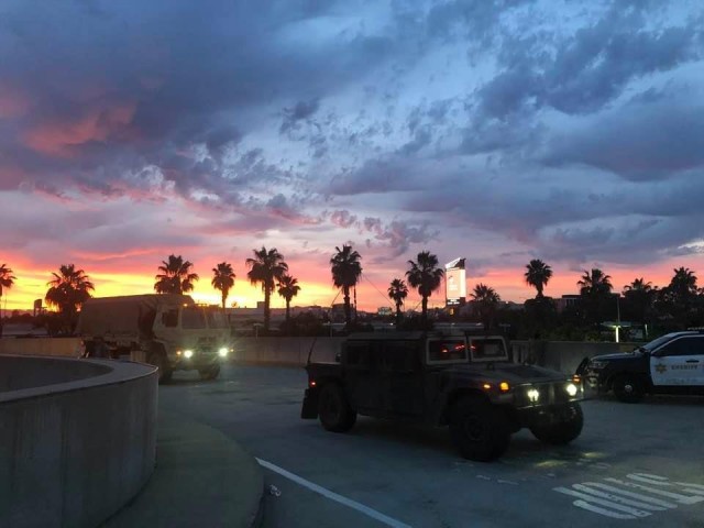 California National Guard vehicles return to the Los Angeles Convention Center on June 1, 2020, during civil unrest operations. (Photo by Capt. Jason Sweeney, California National Guard)