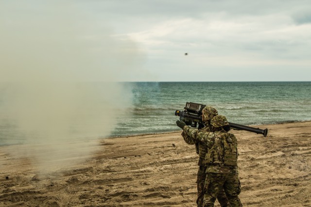 Soldiers assigned to 5th Battalion, 4th Air Defense Artillery Regiment fire the FIM-92 Stinger Man Portable Air Defense System June 10th in Jurmalciems, Latvia for Tobruq Arrows. Tobruq Arrows is a joint multinational training exercise with NATO allies, Latvia and Lithuania.