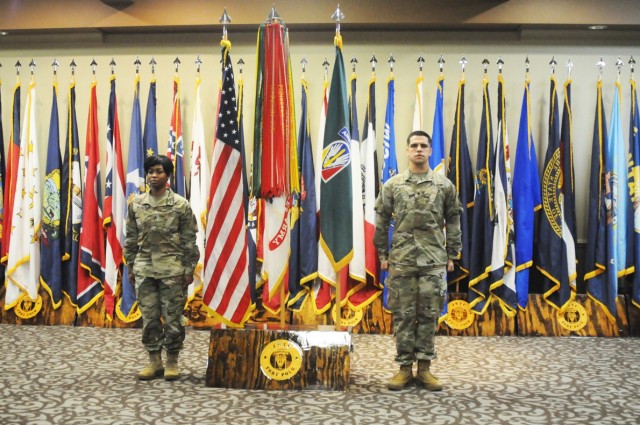 Staff Sgt. Erica Whaley, Fort Polk Dental Activity, (left) is the 2020 Noncommissioned Officer of the year stands with the winner of the 2020 Soldier of the Year competition, Spc. Logan Shepard, 1st Battalion, 5th Aviation Regiment, at a ceremony...